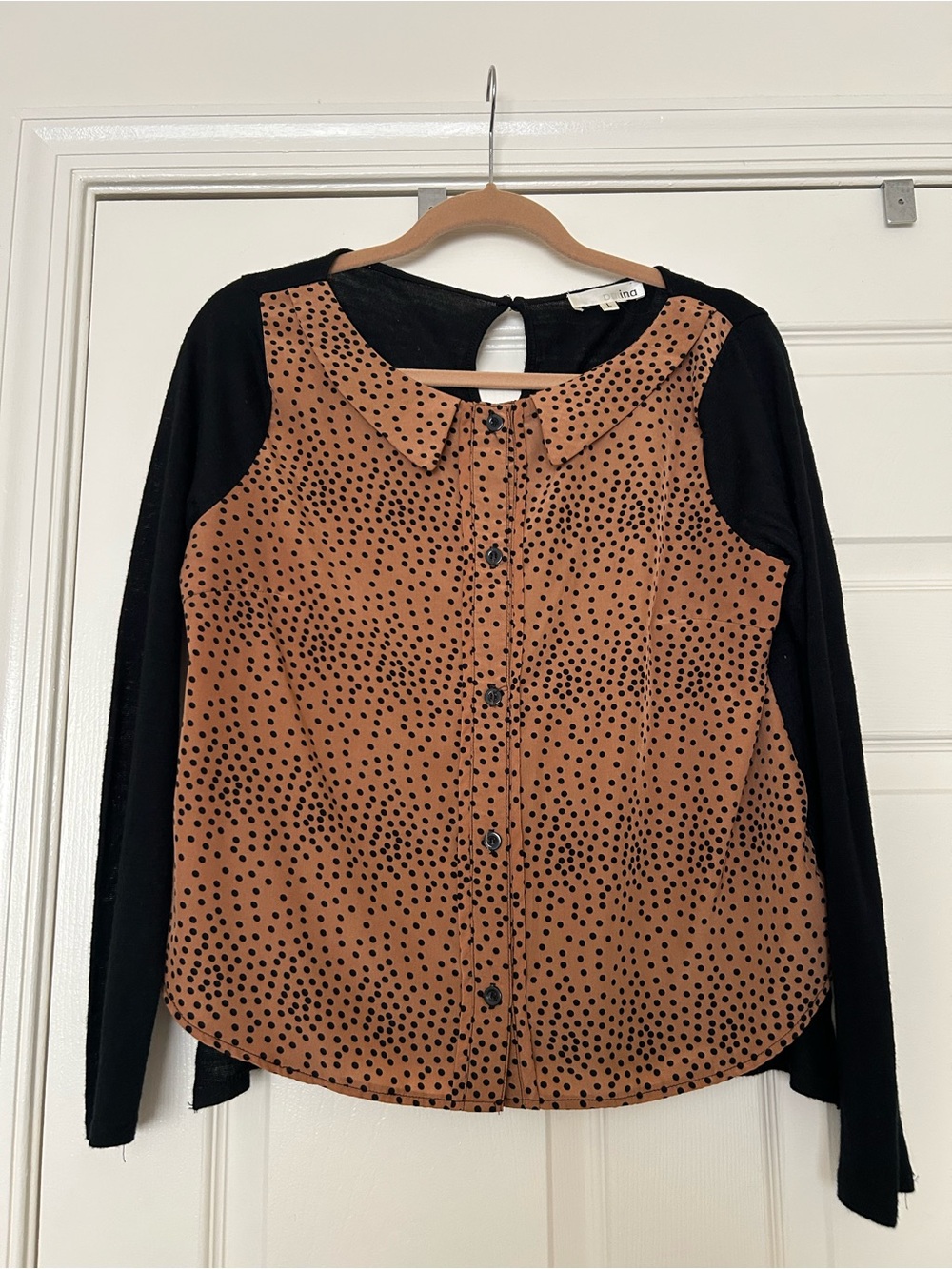 Aniina Brown Polka Dot Button-Front Blouse with Black Sleeves